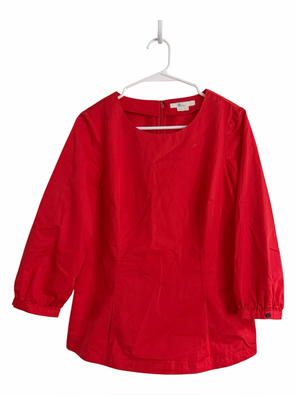 Boden Red Cotton Round Neck Puff 3/4 Sleeve Back Zip Peasant Blouse Women's 8